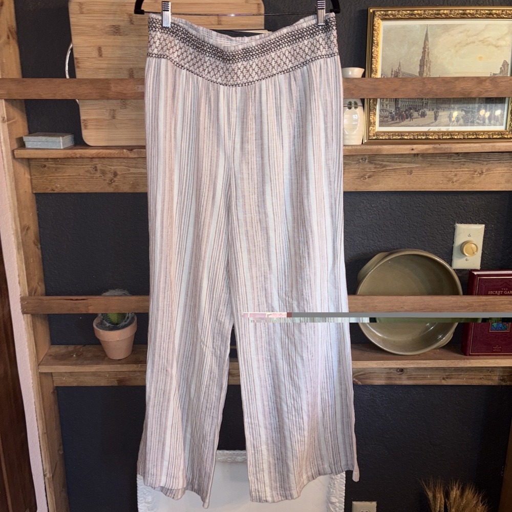 Linen Blend Wide Leg XL Smocked Waist Coastal Striped Khaki Pull On Boho Pants